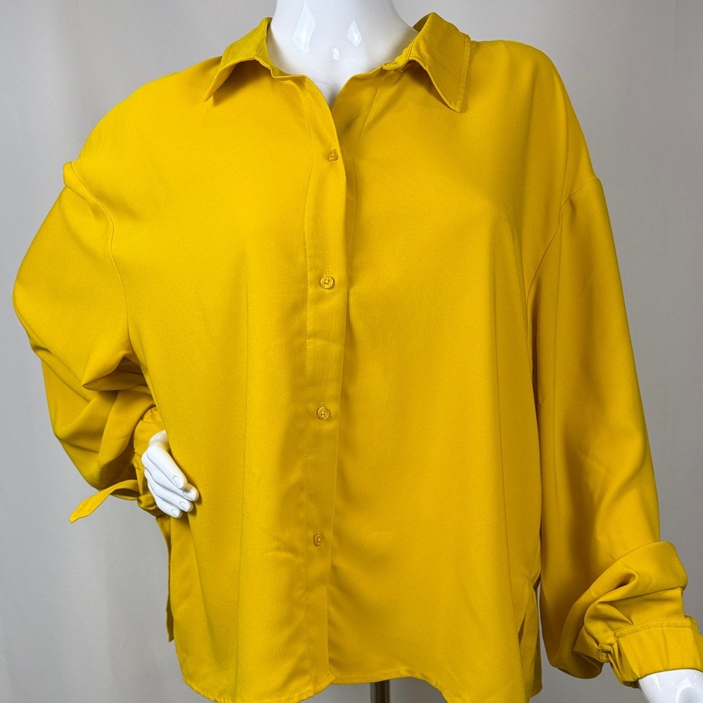 Rachel Zoe Mustard Yellow Button-Down Shirt with Tie Cuffs - Picture 8 of 8